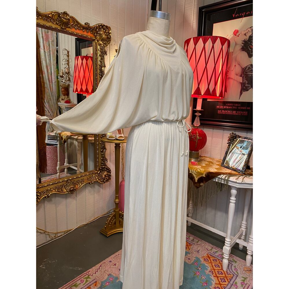 1970s ivory batwing maxi dress cowl neck open sleeves drape 70s fashion formal
